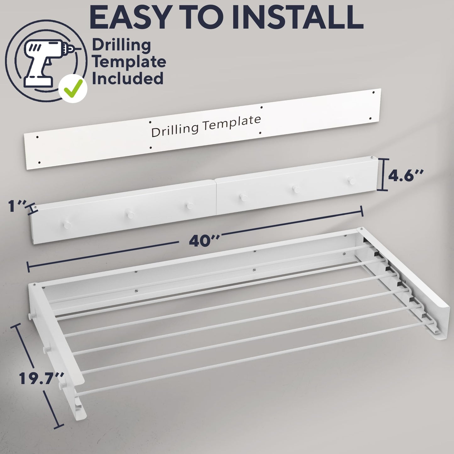 Sturdy Wall Mounted Drying Rack 40” – Foldable Space-Saving Design – Heavy-Duty Wall Hanging Clothes Drying Rack, 66-lb Capacity – Easy Installation with Wall Template – Ideal for Clothes, Towels & More