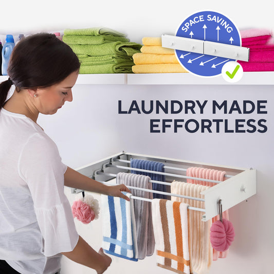 Sturdy Wall Mounted Drying Rack 28” – Foldable Space-Saving Design – Heavy-Duty Wall Hanging Clothes Drying Rack, 55-lb Capacity – Easy Installation with Wall Template – Ideal for Clothes, Towels & More