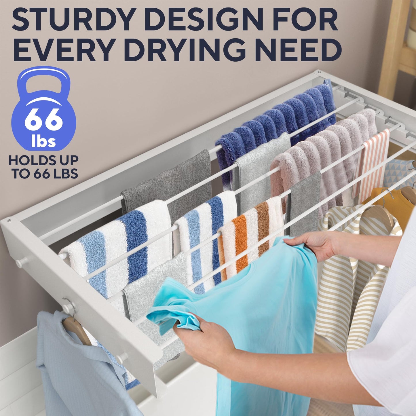 Sturdy Wall Mounted Drying Rack 40” – Foldable Space-Saving Design – Heavy-Duty Wall Hanging Clothes Drying Rack, 66-lb Capacity – Easy Installation with Wall Template – Ideal for Clothes, Towels & More