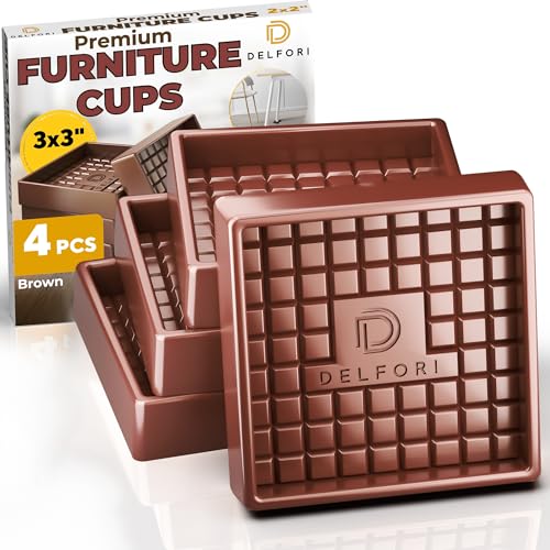 Non Slip Furniture Pads - 4pcs Furniture Cups - Coasters to Prevent Sliding for Couch, Bed, Chair - 3x3 Anti Skid Furniture Stoppers for Hardwood, Tile Floors - Fit Any Feet Shape (Brown)