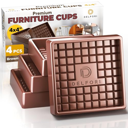 Non Slip Furniture Pads - 4pcs Furniture Cups - Coasters to Prevent Sliding for Couch, Bed, Chair - 4x4 Anti Skid Furniture Stoppers for Hardwood, Tile Floors - Fit Any Feet Shape (Brown)
