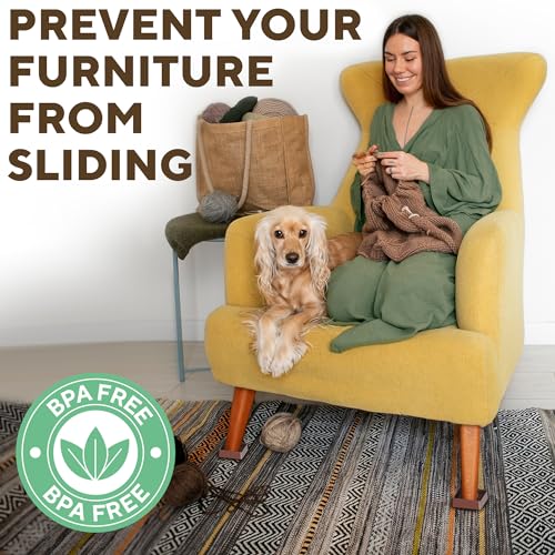 Non Slip Furniture Pads - 4pcs Furniture Cups - Coasters to Prevent Sliding for Couch, Bed, Chair - 3x3 Anti Skid Furniture Stoppers for Hardwood, Tile Floors - Fit Any Feet Shape (Brown)
