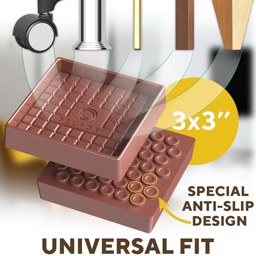 Non Slip Furniture Pads - 4pcs Furniture Cups - Coasters to Prevent Sliding for Couch, Bed, Chair - 3x3 Anti Skid Furniture Stoppers for Hardwood, Tile Floors - Fit Any Feet Shape (Brown)