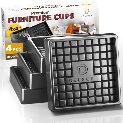 Non Slip Furniture Pads - 4pcs Furniture Cups - Coasters to Prevent Sliding for Couch, Bed, Chair - 4x4 Anti Skid Furniture Stoppers for Hardwood, Tile Floors - Fit Any Feet Shape (Black)