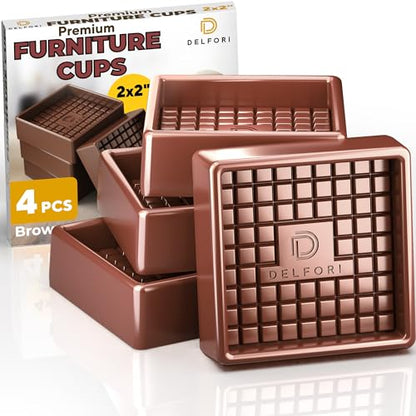 Non Slip Furniture Pads - 4pcs Furniture Cups - Coasters to Prevent Sliding for Couch, Bed, Chair - 2x2 Anti Skid Furniture Stoppers for Hardwood, Tile Floors - Fit Any Feet Shape (Brown)